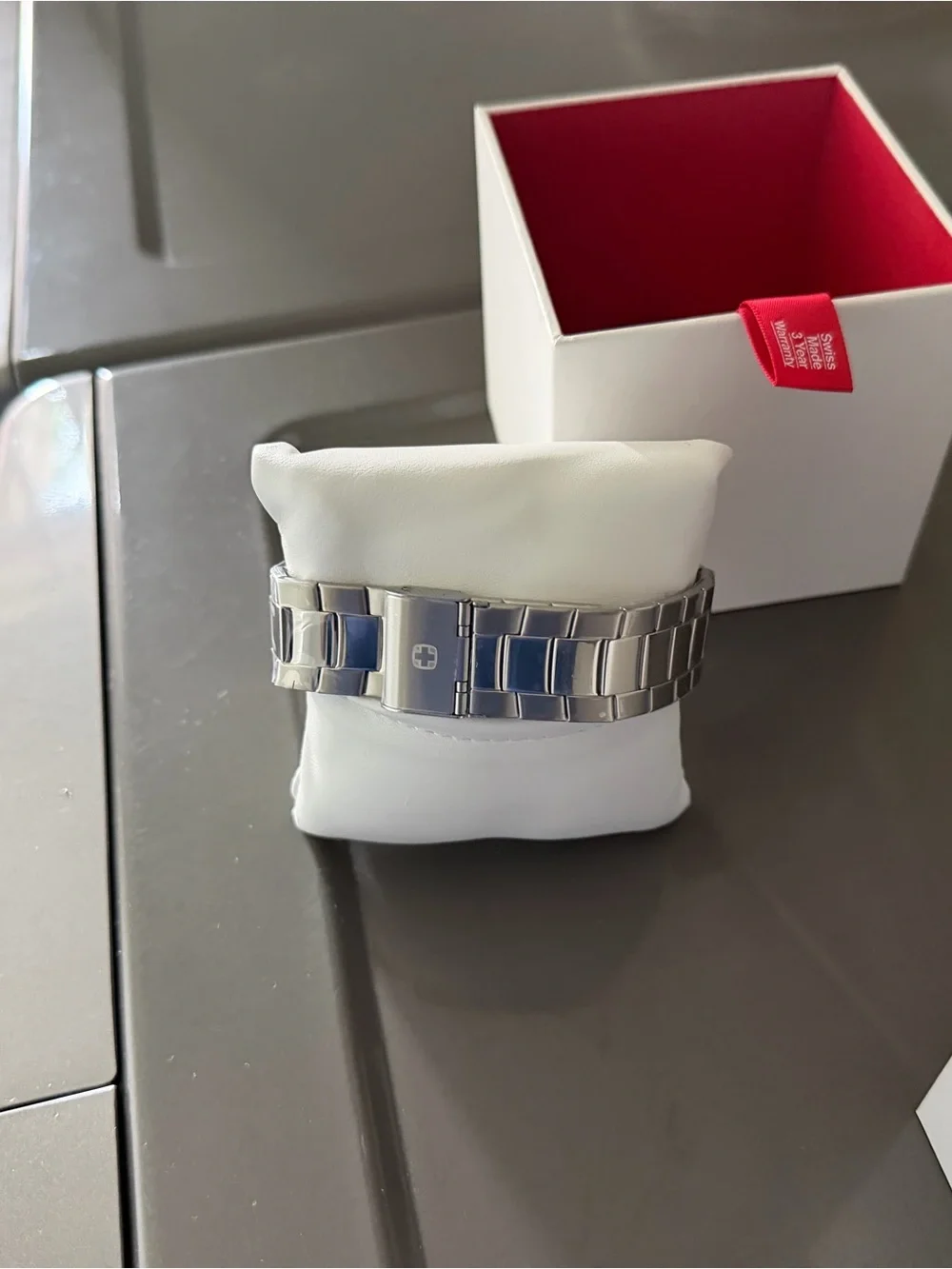 Wenger Men's Silver Watch with White Dial and Red Accents